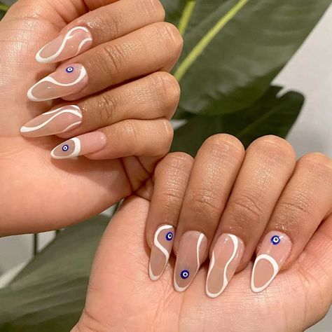 Nails Evil Eye, Line Nail Designs, Nail Spring, Evil Eye Nails, Eye Nail Art, Eye Nails, Lines On Nails, Spring Nail Art, Spring Nail