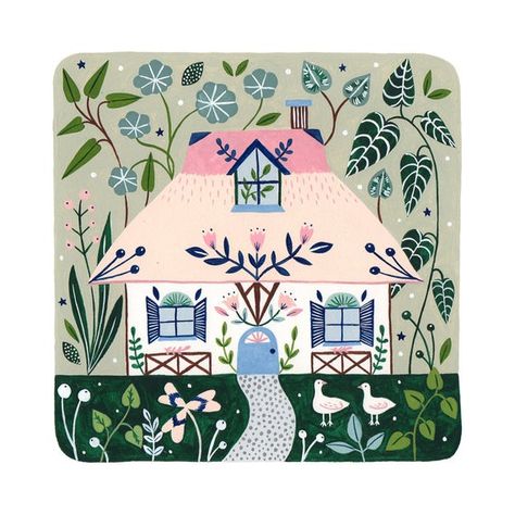 Pink cottage is a giclee print of an original painting showing a decorated pink cottage with lush green surroundings. Originally painted with gouache and acryla gouache, this art reproduction is professionally printed in Australia on to beautiful 308 gsm photo rag paper to produce an archival Flora Waycott Illustration, Flora Waycott, Art Houses, House Series, Cottage Prints, Watercolor Paper Texture, Garden Illustration, Pink Cottage, Scandinavian Folk Art