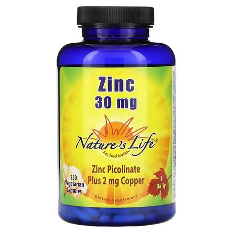 Nature's Life, Zinc, 30 mg, 250 Vegetarian Capsules Zinc Picolinate, Energy Foods, Protein Synthesis, Trace Minerals, Healthy Protein, Vitamins & Supplements, Fitness Nutrition, Serving Size, Probiotics