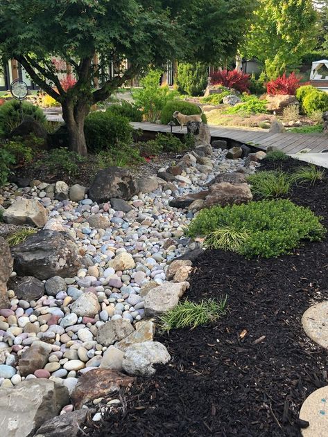 Colorado Inspired Landscaping, Dry Creek Bed Landscape, River Bed Landscaping Ideas, Dry River Bed Landscaping, River Bed Landscaping, Bed Landscaping Ideas, Dry Riverbed Landscaping, Dry River Bed, Dry Stream