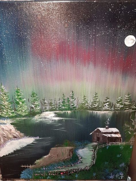 Bob Ross Style Painting For Beginners | Northern lights | Facebook Painting For Beginners, Bob Ross, Northern Lights, Lighting, Art