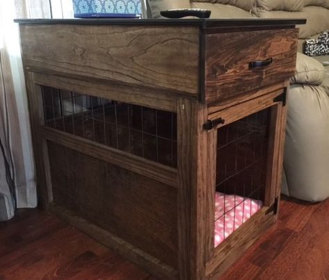 Dog crate end table DIY--love that this one has a drawer in the top! Doodle Training, End Table Diy, Kennel Diy, Crate Nightstand, Cheap Dog Kennels, Dog Crate End Table, Insulated Dog House, Dog Crate Table, Small Dog Crate