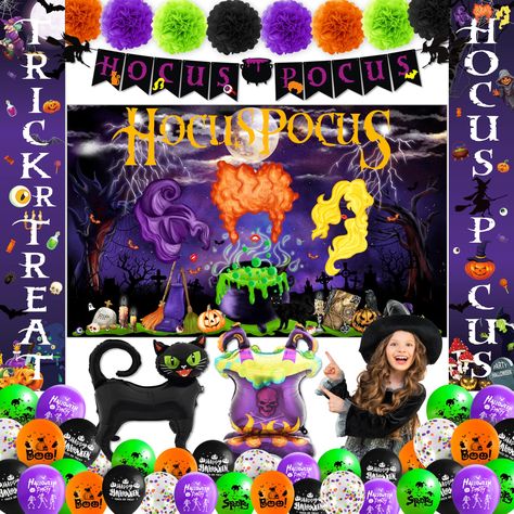 PRICES MAY VARY. Halloween Party Decorations Pack : You will get 1 hocus pocus backdrop, 1 hocus pocus banner, 1 set of 2pcs trick or treat and hocus pocus large witches front porch banners, 25 latex balloons(12inch), 2 foil balloons, 8 paper pompoms. It suitable for your Halloween theme party decoration. Unique Design and Vivid Patterns : Our Halloween party pack features classic hocus pocus elements, including witch sisters' hair, hat, broom, black cat, candle, spell book etc, with vibrant col Hocus Pocus Trunk Or Treat Theme, Hocus Pocus Backdrop, Hocus Pocus Trunk Or Treat, Halloween Party Packs, Witch Sisters, Hocus Pocus Party, Halloween Hocus Pocus, Halloween Party Decorations, Cat Candle