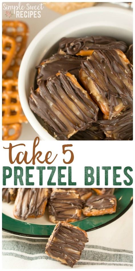 Make a homemade delicious Take 5 Candy Bars with this yummy, easy copycat Take 5 Pretzel Bites recipe! Layers of pretzels, peanut butter, caramel, and chocolate. Homemade Take 5 Bars, Candy With Pretzels, Take 5 Candy Bar, Pretzel Bites Recipe, Pretzel Recipes, Caramel Butter, Homemade Candy Bars, Pretzel Bites Recipes, Peanut Butter Caramel