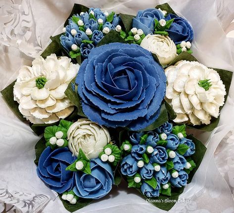 Dianna Rearrick on Instagram: “Delphinium blue and silver times two today” Blue And Silver Cupcake Ideas, Blue Cupcake Bouquet, Blue Birthday Cupcakes For Women, White Floral Cupcakes, Blue And White Flower Cupcakes, Blue And Gray Cupcakes, Delphinium Blue, Women Cornrows, Cupcake Flowers