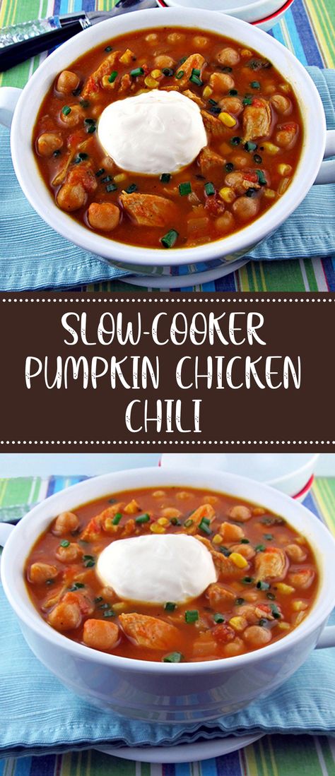 Crockpot chili for the season with pumpkin, chicken, corn and chickpeas. The pumpkin elevates an everyday, mundane chili into something exciting. #slowcookerrecipes #slowcookermeals #crockpot Pumpkin Chicken Chili, Pumpkin Chicken, Pumpkin Chili Recipe, Chicken Chili Crockpot, Organized Office, Chicken Pumpkin, Pumpkin Chili, Chicken Corn, Slow Cooker Pumpkin