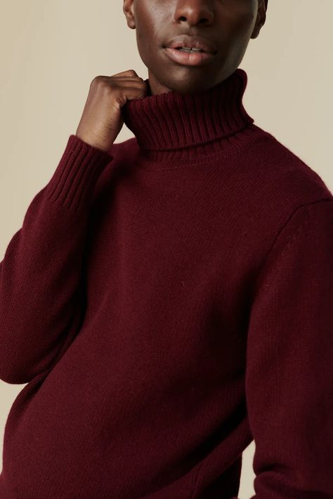 Men's Roll Neck Jumper - Burgundy - Community Clothing Maroon Turtle Neck Outfit, High Neck Sweater Outfit, Red Jumper Outfit, Turtle Neck Outfit Men, Sweater Outfit Men, Sweater Outfits Men, Red Jumper, Turtleneck Outfit, Jumper Outfit