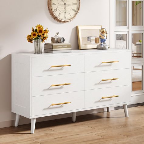 PRICES MAY VARY. [6 Drawers Dresser] - This white dresser comes with 5 wooden legs and 6 metal handles, stylish and beautiful, compatible with different room styles and decors. Overall Dimensions: 15"D x 47.5"W x 30"H. Drawer Dimensions: 13"D x 22"W x 7.5"H. [Sturdy and Durable Dresser] - This chest of drawers is made of high-quality engineered wood for a long service life. 5 wooden legs provide strong support to make the dresser more stable. Wooden drawers are waterproof and dustproof, easier t Double Chest Of Drawers, Dresser Modern, Wide Chest Of Drawers, Gold Dresser, Bedroom Drawers, Dresser For Bedroom, Wide Dresser, Wood Storage Cabinets, Dresser Storage