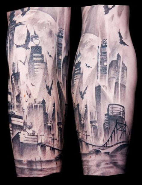 Gotham City Tattoo Gotham City Tattoo, City Tattoo Ideas, Batman Tattoo Sleeve, Gotham City Skyline, Batman Tattoos, Skyline Tattoo, Tattoo Ideas Males, Worlds Best Tattoos, Batman Tattoo