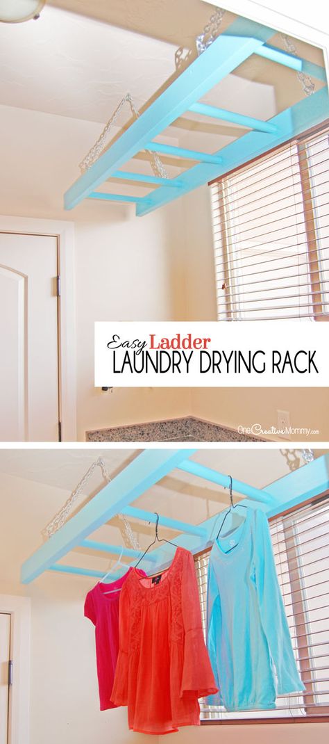 No more wet clothes hanging all over the house! Tame the mess with this easy DIY Ladder Laundry Drying Rack idea! {OneCreativeMommy.com} Step-by-step tutorial and life hack Diy Lavanderia, Laundry Room Organization Diy, Hanging Ladder, Laundry Drying Rack, Diy Organizer, Diy Ladder, Drying Rack Laundry, Laundry Drying, Clutter Free Home