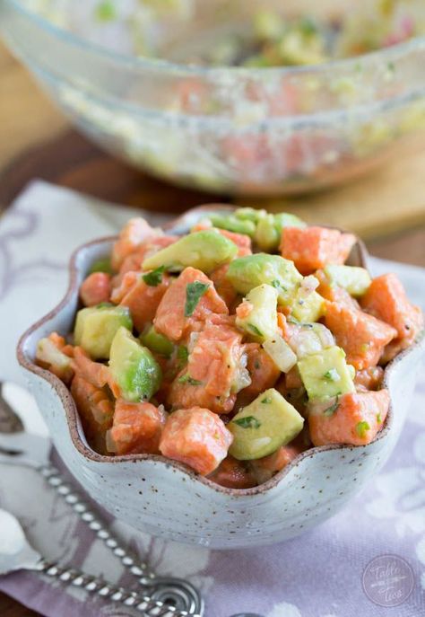 Salmon ceviche is so easy to make! A great appetizer for any meal! Salmon Ceviche, Cooking Fish, Food Fish, Ceviche Recipe, Table For Two, Fish Recipe, Fish Food, Great Appetizers, How To Cook Shrimp