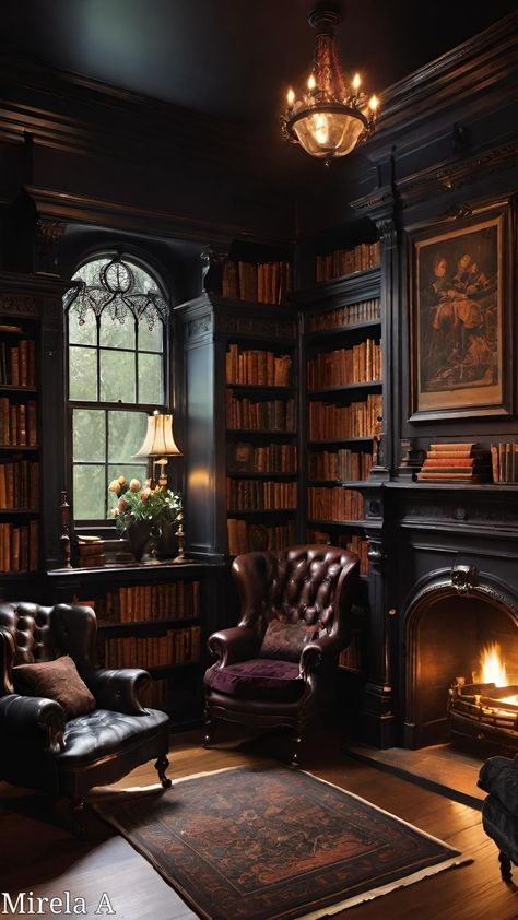 Academia Home Office, Gothic Library Aesthetic Home, Old Money Home Aesthetic, Victorian Library Study, Victorian Era Library, Old English Manor Library, Castle Library Aesthetic Dark, Victorian Library Gothic Dark, Dark Academia Interior