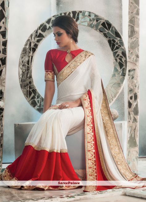 White And Red Saree, Red And White Saree, Red Saree Blouse, Saree Jacket Designs, Saree Draping Styles, Indian Sari Dress, Modern Saree, Designer Sarees Collection, Saree Blouse Patterns