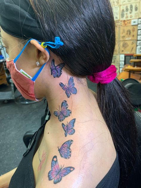 #butterflies #butterflytattoo #tattoo #tattooideas #tattoosforwomen Butterfly Neck And Shoulder Tattoo, Rose And Butterfly Tattoo On Shoulder, Butterfly Tattoos Behind Ear, Neck Butterfly Tattoo, Butterfly Tattoo On Neck, Butterfly Tattoo Neck, Upper Shoulder Tattoo, Fire Tattoos, Rose Neck Tattoo