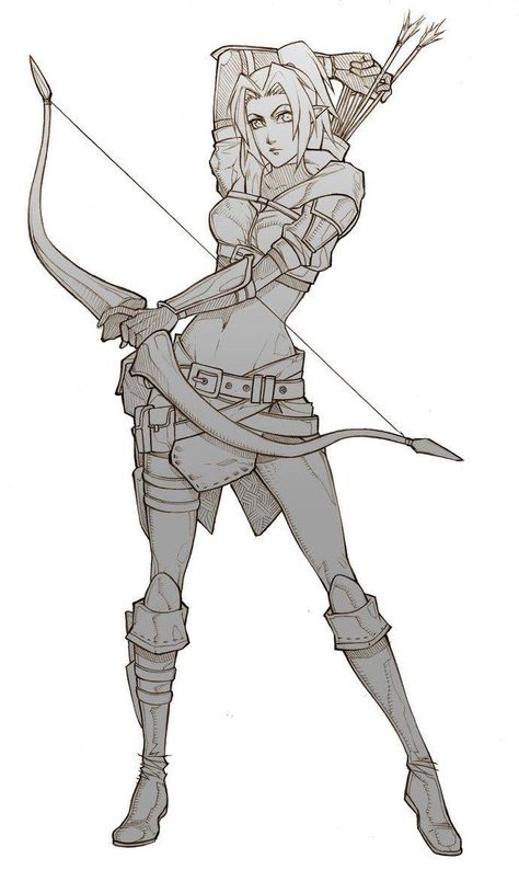 Elven Archer, Archer Pose, Fantasy Drawings, Bow And Arrow, Gambar Figur, Character Sketches, Character Poses, Poses References, Female Character