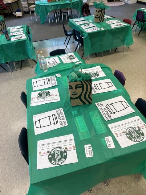 Whitson Elementary School Starbucks Themed Games, Starbucks Room Transformation, Starbucks Day In Classroom, Starbucks Classroom Transformation, Starbucks Classroom Theme, Starbooks Cafe Classroom, Starbucks Classroom, Valentines Classroom Decorations, Cafe Classroom