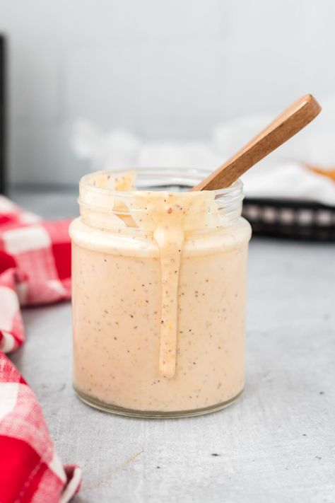 Alabama white sauce is the most versatile, tangy, flavor-packed white sauce that complements anything it touches whether it be drizzled, dipped, or dunked. Mcdonalds Honey Mustard Recipe, Chocolate Chip Frappe, Honey Mustard Sauce Recipe, Spicy Mayo Recipe, Honey Mustard Recipes, Alabama White Sauce, Comeback Sauce, Fed And Fit, Remoulade Sauce