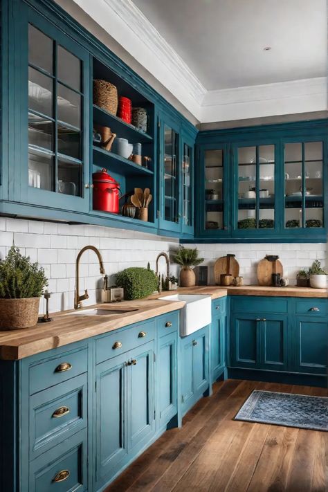 Colorful kitchen cabinets Kitchens With Turquoise Cabinets, White And Teal Kitchen Cabinets, Peacock Blue Kitchen Cabinets, Teal Color Palette Kitchen, Dark Teal Cabinets Kitchens, Teal Color Kitchen, Blue Stained Kitchen Cabinets, Teal Cabinets Kitchen, Teal Kitchen Ideas