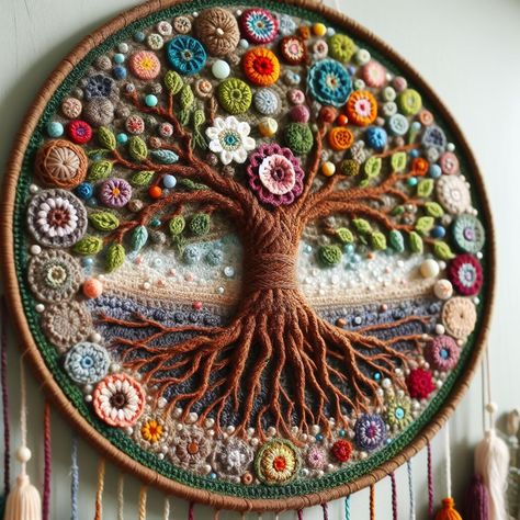 Tree Of Life Mandala Crochet, Yarn Art Projects, Crochet Tree, Macrame Wall Hanging Patterns, Crochet Wall Hangings, Crochet Plant, Freeform Crochet, Crochet Mandala, Macrame Decor