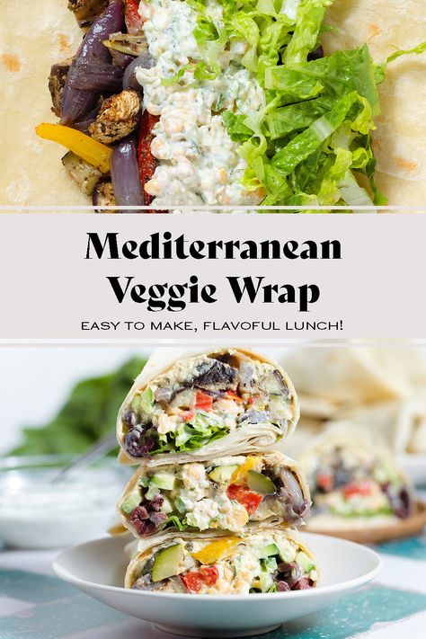 Try this Mediterranean Veggie Wrap if you're looking for a healthy vegetarian lunch or light dinner! It's made with mashed chickpeas, homemade tzatziki sauce, creamy hummus, and roasted colorful roasted veggies. This wrap requires minimal work and it's super versatile so you can add things or leave them out based on your preference. It's easy to make, healthy, flavorful, and packed with protein! Mediterranean Pita Wrap, Roasted Veggie Wrap, Veggie Wraps Recipes Healthy, Lunch Wraps Healthy, Vegetarian Wraps Recipes, Tzatziki Wrap, Mashed Chickpeas, Vegetarian Wrap, Veggie Hummus Wrap