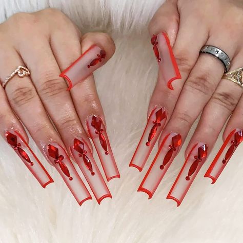 Natural Coffin Acrylic Nails, Fake Acrylic Nails, Coffin Acrylic Nails, Fake Nails Long, Fake Nails Designs, Red Acrylic Nails, Coffin Press On Nails, Long Acrylic Nails Coffin, Long Square Acrylic Nails