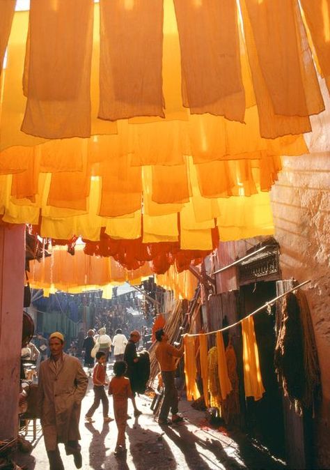 Morocco Neighbourhood of Mouassine. Wool dyers,1977 Environment Design, Environment Concept Art, North Africa, Larp, Marrakech, Street Photography, Morocco, Light Colors, Lanterns