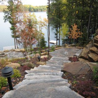 Gallery - Lakeside Landscaping - Muskoka Landscaping Contractor Muskoka Landscaping, Lakeside Landscaping, Lake House Backyard, Steep Hillside Landscaping, Sloped Wall, Steep Backyard, Cabin Landscape, Sloping Garden, Lake Landscaping