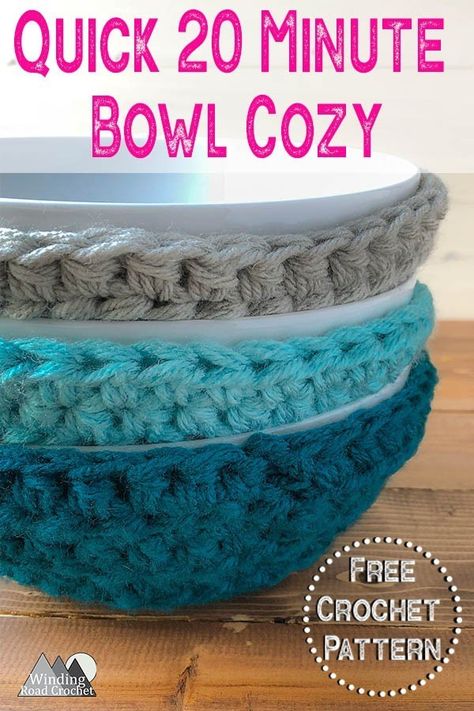 Crochet Bowl Cozy, Winding Road Crochet, Crochet Bowl, Crochet Hot Pads, Cozy Crochet Patterns, Crochet Cozy, Crochet Geek, Stash Buster, Bowl Cozy