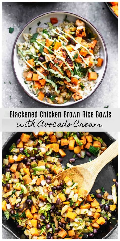 Blackened Chicken Brown Rice Bowls - Cooking for Keeps Chicken Bowl Teriyaki, Healthy Food Bowls Dinners, Rice Power Bowls, Chicken Grain Bowl Recipe, Siracha Chicken Bowl, Blackened Chicken Meals, Blackened Chicken Meal Prep, Grain Bowls Chicken, Chicken Power Bowls Healthy