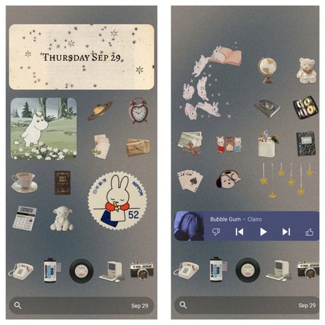 Blue theme, collage, vintage aesthetic, widget ideas Moomin Homescreen, Miffy Homescreen, Baby Snoopy, Aesthetic Homescreen, Phone Layouts, Homescreen Ideas, Phone Apps, Phone Screen, Bubble Gum