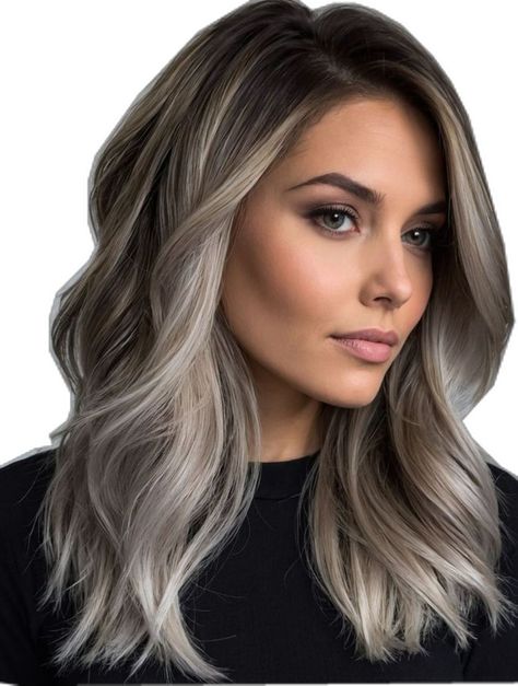 Blended Ash Blonde Balayage, Light Ash Balayage On Dark Hair, Ashy Toned Hair, Icy Brunette Hair, Mushroom Blonde Balayage Dark Roots, Hair Color For Dark Roots, Balayage Hair Cool Tone, Cool Toned Dark Blonde Hair, Icy Blonde Balayage Brunettes