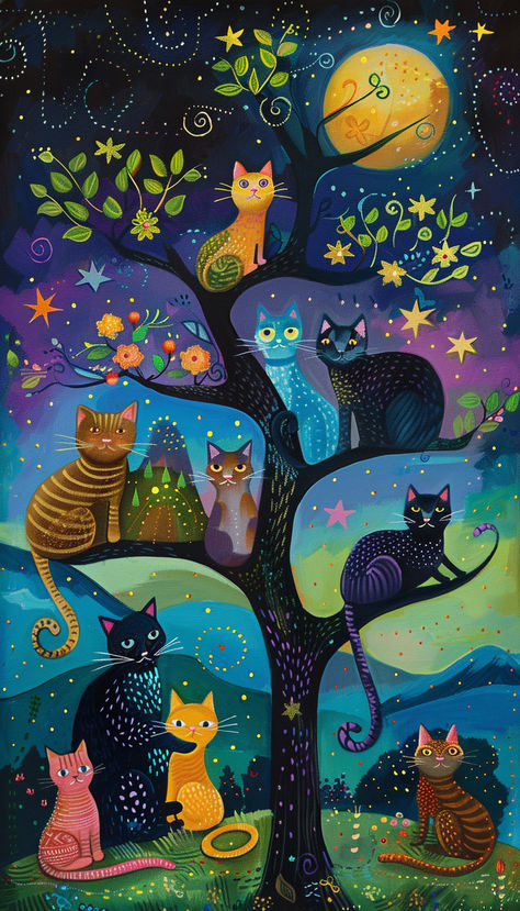 Naive Art Style Cats In Tree under the starry night sky Whimsical Cat Tree, Cat Art Whimsical, Whimsical Cat Art, Starry Cat, Cat Art Painting, Classical Paintings, Cat Phone Wallpaper, Whimsical Art Paintings, Naive Painting