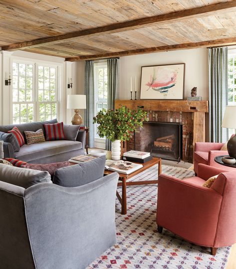 Living Room Neutral, Room Off Kitchen, Wood Fireplace Surrounds, New England House, Grey Living Room, Room Neutral, Bright Living Room, New England Homes, Room Seating