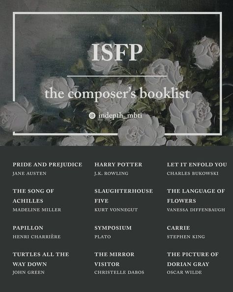 ISFP Booklist Isfp Books, Intj Personality Booklist, Enneagram Booklist, Isfp Movie List, Isfp Aesthetic Moodboard, Isfp Booklist, Entp Booklist, Mbti Booklist, Isfp Personality Aesthetic