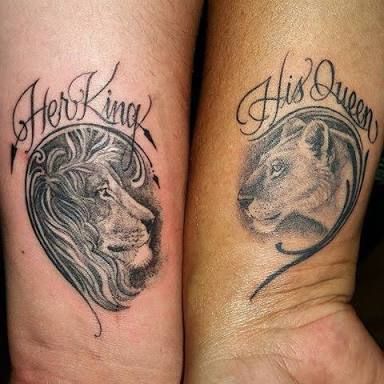 Husband Wife Tattoos, Lion And Lioness Tattoo, Marriage Tattoos, Him And Her Tattoos, Wife Tattoo, Lioness Tattoo, Couple Tattoos Unique, Mom Tattoo Designs, Couples Tattoo Designs