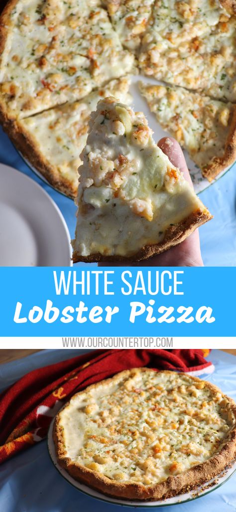 This #lobster #pizza is the perfect recipe for entertaining a crowd! The crust is buttery and flavorful. The sauce is cheesy and easy! Lobster Flatbread Recipes, Seafood Pizza Recipes Shrimp, Seafood Pizza Sauce, Pescatarian Pizza, Lobster Flatbread, Lobster Pizza Recipe, Pizza Dinner Recipes, Gourmet Pizza Recipes, Lobster Pizza