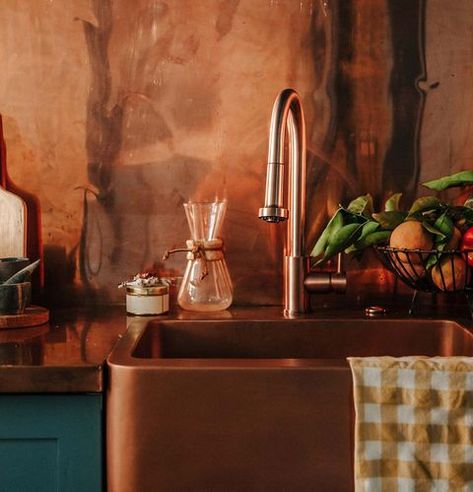 Kitchen With Copper Sink, Copper Kitchen Countertop, Blue Painted Cabinets, Claire Thomas, Blue Painted Walls, Custom Backsplash, Copper Backsplash, Colorful Apartment, Art Deco Bathroom