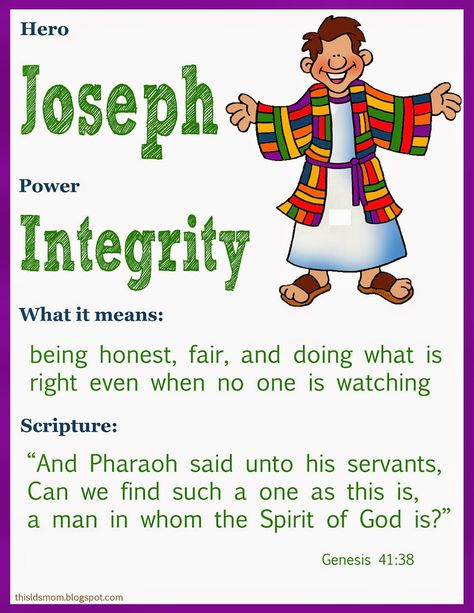 Today we talked about Joseph.  We could spend a lot of time on him, but we just talked about him today and how he had a lot of integrity.  ... Change Scripture, Bible Heroes, Lds Scriptures, Preschool Bible, Coat Of Many Colors, Bible Characters, Childrens Bible, Church Activities, Bible Lessons For Kids