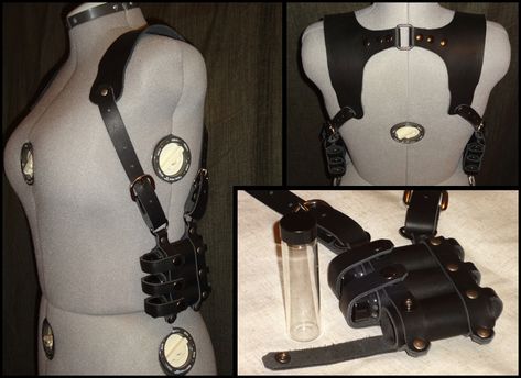 Potion Master Harness by Spoon333 on DeviantArt Potion Holder, Polyjuice Potion, General Ideas, Larp Costume, Victorian Steampunk, Drawing People, Fold Over, Leather Working, Hand Stitched