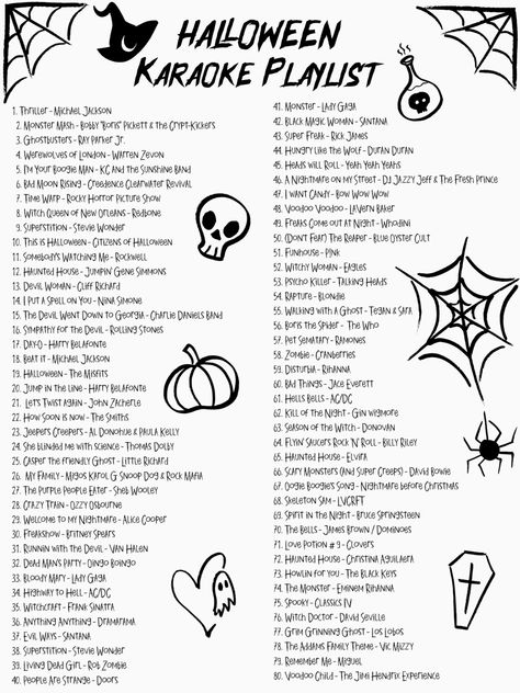 Music Themed Halloween Party, Halloween Music Aesthetic, Halloween Party Music Playlist, Halloween Song Playlist, Halloween Ideas Games, Karaoke Halloween Party, Horror Movie Decorations Halloween Party, Halloween Game Ideas For Parties, Halloween Celebration Ideas