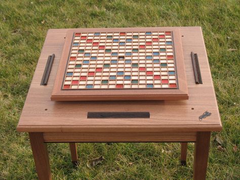 Scrabble Table with Rotating Top (Mahogany, Maple, and Wenge) Scrabble Table, Outdoor Scrabble, Woodwork Tips, Diy Scrabble, Patio Games, Scrabble Board, Board Game Storage, Wood Games, Rustic Crafts