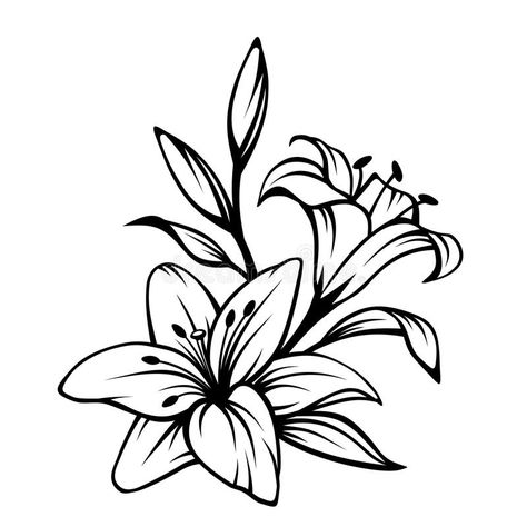 Black contour of lily flowers. Vector illustration. royalty free illustration Lily Images, Lilies Drawing, Lily Flower Tattoos, Birds Of Paradise Flower, Tattoo Style Drawings, Diy Tattoo, Flower Clipart, Floral Theme, Arte Floral