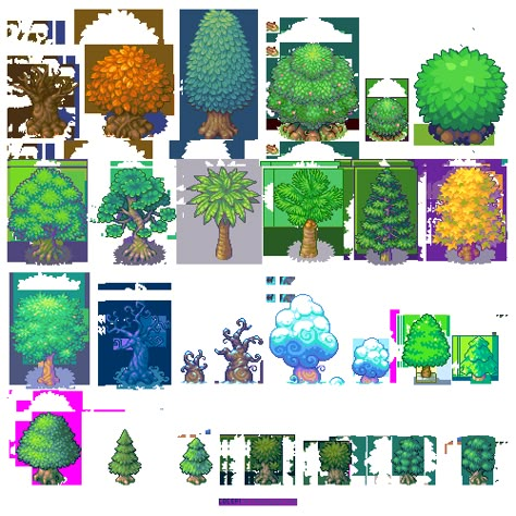 Trees trees trees! Pixel Art Tree, Tree Pixel Art, Tree Sprite, Pixel Tree, Image Pixel Art, Pixel Art Landscape, Piskel Art, 8 Bit Art, Pixel Art Background