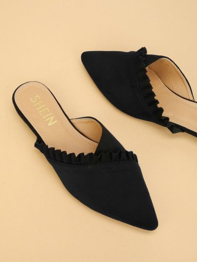 Shop Ruffle Trim Pointed Toe Flat Mules online. SheIn offers Ruffle Trim Pointed Toe Flat Mules & more to fit your fashionable needs. Foot Wear For Women, Fancy Sandals, Shoes Heels Classy, Ladies Sandals, Fashion Shoes Flats, Classy Shoes, Brown Leather Shoes, Women Flats, Flat Mules