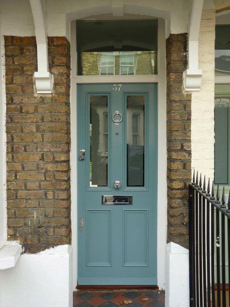 The London Door Company 'Grey Blue' paint colour - Satin Front Door Yellow Brick House, Yellow Brick House Front Door Color, Front Door Colors With Yellow Brick, Inchyra Blue Front Door, Colored Front Door Brick House, Green Blue Front Door, Blue Front Door Brick House, Yorktowne Green, Front Door Colour Ideas