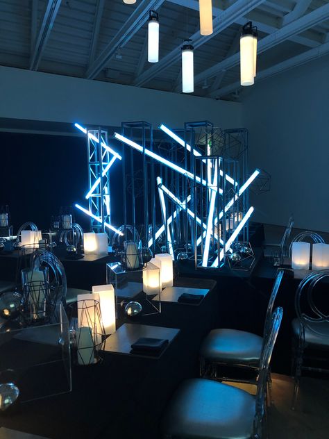 Industrial Event Decor, Galaxy Event Decor, Space Event Design, Futuristic Event Decor, Centerpieces Corporate Event, Futuristic Gala, Futuristic Event, Industrial Event Space, Futuristic Party