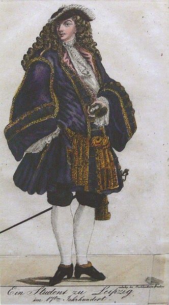 Student wearing petticoat breeches (around hips), long coat, captain's hat, and wig (c 1680) J.S.Bach was a student at Michaelisschule in Luneburg 1700-1702. This image is notated as a student of Leipzig Cyrano Costumes, Baroque Mens Fashion, 17 Century Fashion Men, 1690s Fashion, Captain Clothes, 17 Century Fashion, Wicked Lovely, European Fashion Fall, Baroque Clothing