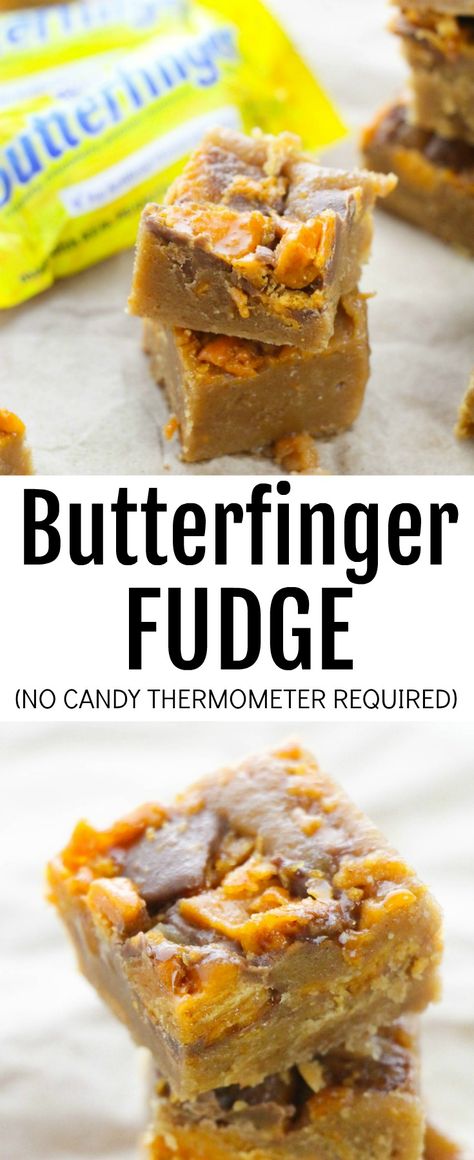 Delicious chocolate fudge filled with pieces of Butterfinger candy bars. There's no thermometer required for this delicious Butterfinger Fudge recipe! Did you like these Pumpkin Breakfast Pops? If so, you might want to try these, too! Butter Finger Fudge, Butterfinger Balls Recipe, Butterfinger Fudge Recipe, Butterfinger Fudge, Butterfinger Recipes, Butter Finger Dessert, Cheesecake Lemon, Oat Cookie Recipe, Best Cornbread Recipe