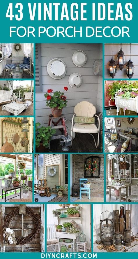 Update your home with these amazing vintage porch decor ideas that bring lively classic styles to your porch with only a few additions! Vintage decor ideas are a great way to add style to small spaces! #VintageDecor #VintagePorchDecor #PorchDecor #Porch #Vintage #Farmhouse #RusticStyle Mismatched Chairs Front Porch, Vintage Porch Decor Farmhouse Style, Farmhouse Exterior Decor Ideas, Small Patio Wall Ideas, Style A Front Porch, Small Country Porch Ideas, Vintage Ideas Design, Outdoor Cottage Decor, Vintage Backyard Decor