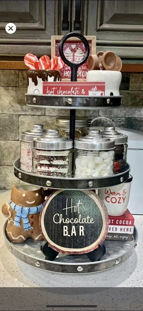 Staff Lounge, Hot Cocoa Bar, Hot Chocolate Bars, Cocoa Bar, Event Themes, Country Christmas, Christmas Table Decorations, Christmas Table, Tiered Tray